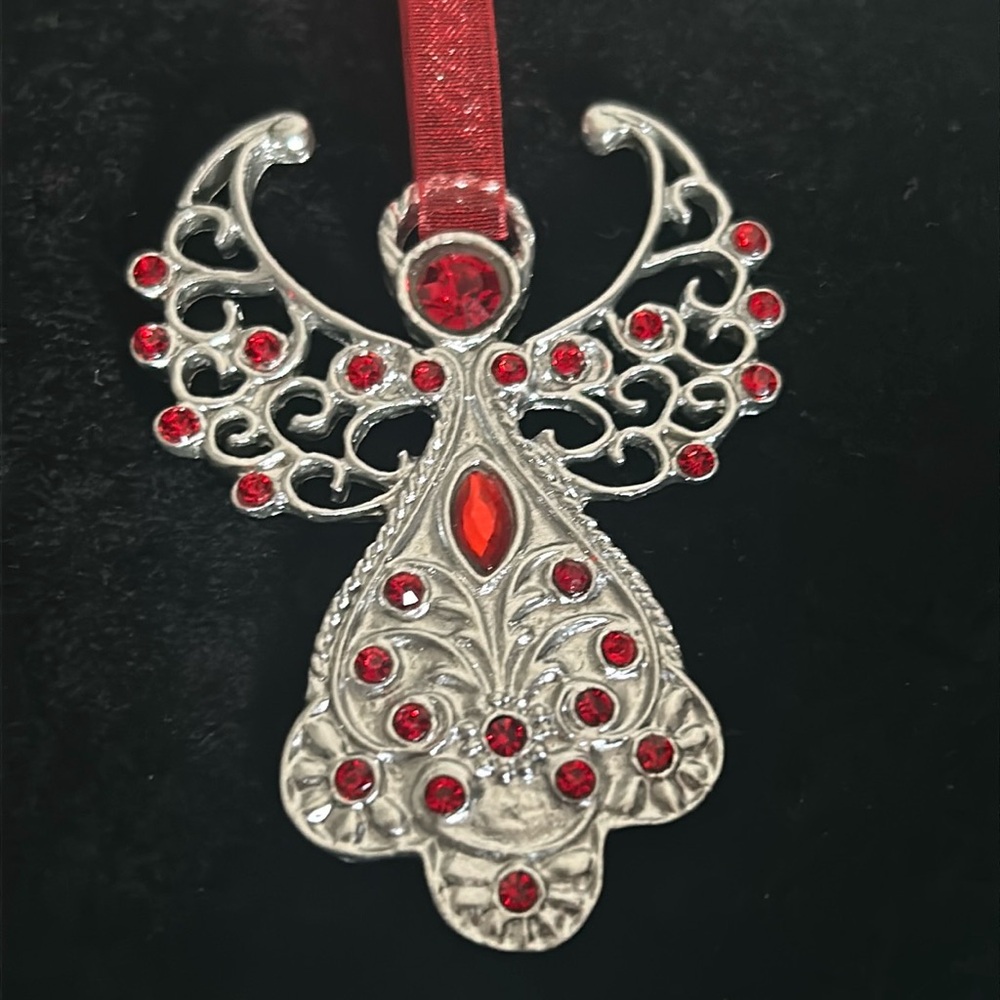 New Silver Tone Filigree Ruby Colored Encrusted Rhinestone Angel Ornament